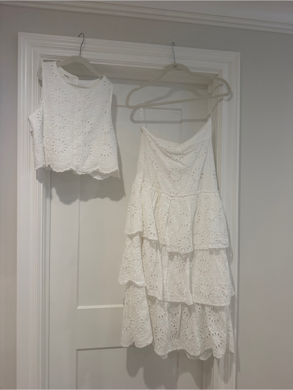 White Eyelet Tiered Midi Dress and Crop Top Set